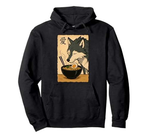 Funny Wolf Ramen Graphic Tee Arte japonés Kawaii Anime Wolf Sudadera con Capucha