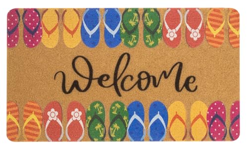 KorhLeoh Hello Summer Entrance Welcome Doormat - Flip Flops Decorative Non-Slip Seasonal Coir Doormat for Indoor Outdoor 17 X 29