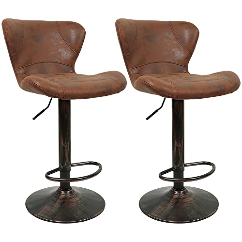 Tabouret Bar Lot de 2 Vintage Marron, Réglable Tabouret de Bar Pivotant, Tabouret Bar Cuisine Industriel Chaise Bar Rotatif avec Dossier et Repose-Pieds pour Maison...
