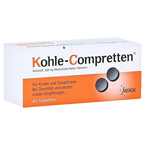 Kohle-Compretten 250 mg – Aktiv-Kohletabletten gegen Durchfall & orale Vergiftungen – natürliche Soforthilfe für Reiseapotheke & unterwegs – für Kinder & Schwangere geeignet, 60 Stück