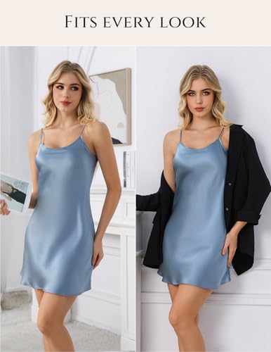 Image of THXSILK Women's Silk Nightgown, 100% Real 19 Momme Mulberry Silk Sleepwear Round Neck Spaghetti Strap Chemise Nightdress