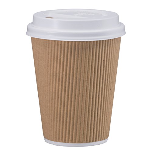 NYHI Set of 100 Brown Disposable Paper Cups with White Lids (8-oz) | Ripple Insulated Kraft for Hot Drinks - Tea & Coffee | Triple Layer Design |Durable Paper