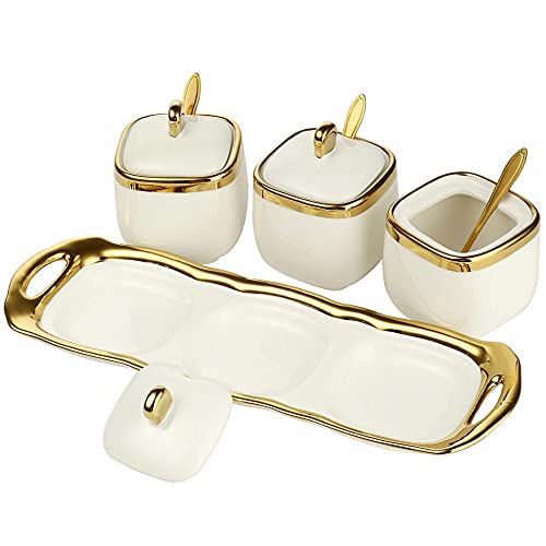 Set Of 3 Porcelain Condiment Jar Spice Container With Lids, Ceramic Sugar Bowls Condiment Pots Spice Jars Seasoning Box Set, Best Spice Jar For Your Home, Kitchen, Counter (White Suit) #TOP2
