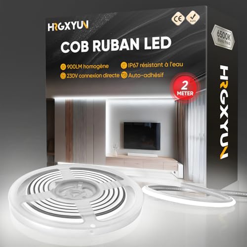 HRGXYUN 230V COB Ruban LED Extérieur, 240 LEDs IP67 Etanche Autocollant, Bande LED 900LM Sans Transformateur Flexible Découpable pour Chambre, Cuisine,...