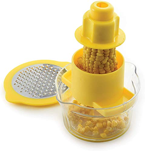 Glowick 2 in 1 Multi Functional Corn Stripper Cob Remover Fruit Crusher Machine Corn Peeler Tool Vegetable Slicer Ginger Sharpener with Built-in Measuring Cup for Kitchen.