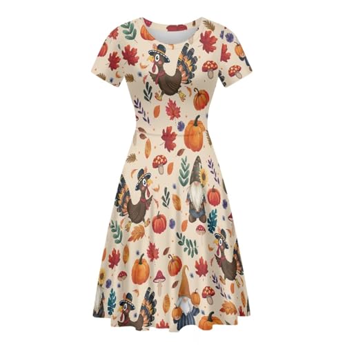 Image of Forchrinse Rooster Pumpkin Dress for Women Midi Tank Dresses Elegant Party Dresses Short Sleeve Flowy A Line Sundress Thanksgiving Midi Dress for Women Plus Size,S-4XL, Large