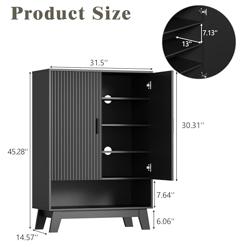 Image of Shoe Cabinet Storage for Entryway, 5 Tier Fluted Shoe Storage Cabinet with Wooden Legs, Narrow Hidden Shoe Organizer with Adjustable Shelves, Freestanding Shoe Rack for Entryway, Hallway, Black
