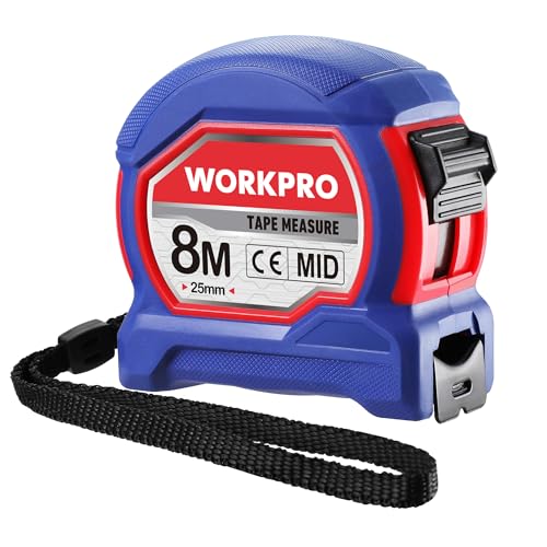 WORKPRO Mètre à Ruban 8 M X 25 MM, Mètre Ruban Télescopique Professionnel, Ruban à Mesurer Autobloquant en Métal avec Cordon, Mesure Métrique, avec Agrafe de Ceinture Métallique