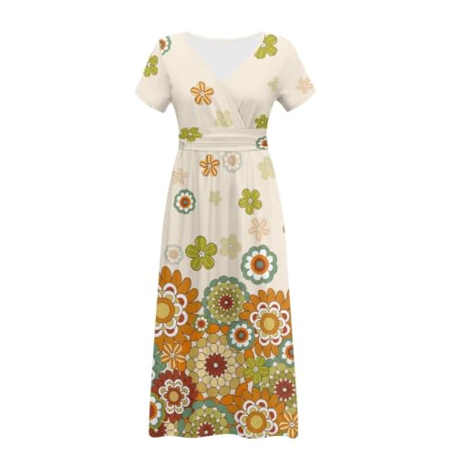 Image of Women's Fall Summer Short Sleeve Ankle Length V-Neck Party Dress with Pockets Size S-3XL