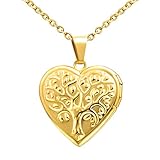 MicLee Herz Medaillon zum Öffnen Baum des Lebens Anhänger Halskette Bilder Foto Amulett Edelstahl Locket Damen Mädchen Modeschmuck Geschenk für Valentinstag Muttertag