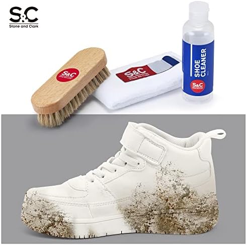 Stone and Clark Travel Shoe Cleaner Sneakers Kit - Premium Shoe Cleaning Kit for Sneakers, Leather, Suede, and White Shoes - Shoe Care Kit w/Hog Shoe Brush, 3.5 oz. Cleaning Sol, & Microfiber Towel