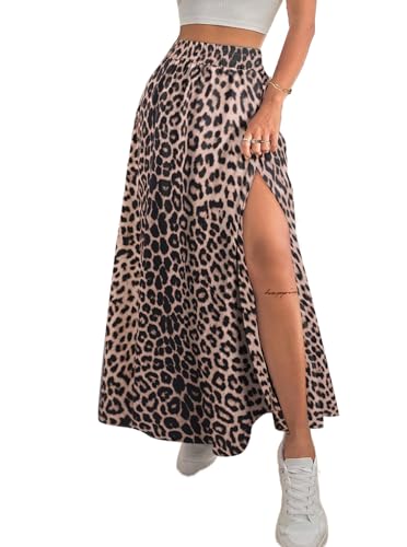 Avanova Women Leopard Slit Maxi Long Skirt Summer High Waisted Midi Skirts t Dark Brown Leopard Medium