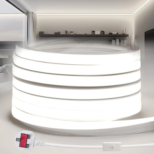 YOODI Neon LED Strip Lights 15M 220V Cuttable Silicone Rope Light 10X10mm Flexible Outdoor Fireproof Waterproof IP65 6000K White for Bedroom Decor Kitchen Home