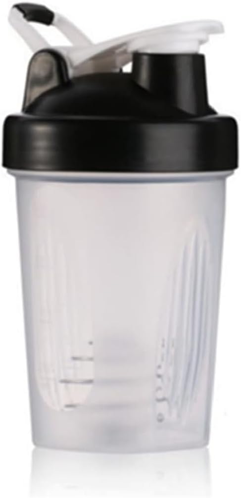 EBAT Protein Shaker Bottle 16 Ozfor Pre-Exercise,BPA free,Leak Proof,Embossed Ounce & Milliliter Markings,Juice Mixer,Health Shaker Cup w. Whisk Ball (Black Cowl/Clear Physique, 400ML)