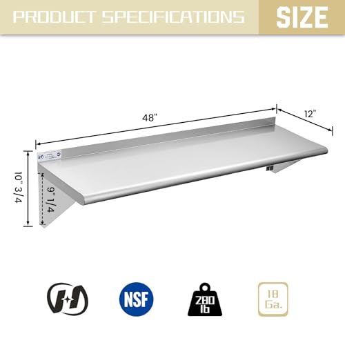 Image of Hally Stainless Steel Shelf 12 x 48 Inches 280 lb, NSF Commercial Wall Mount Floating Shelving for Restaurant, Kitchen, Home and Hotel