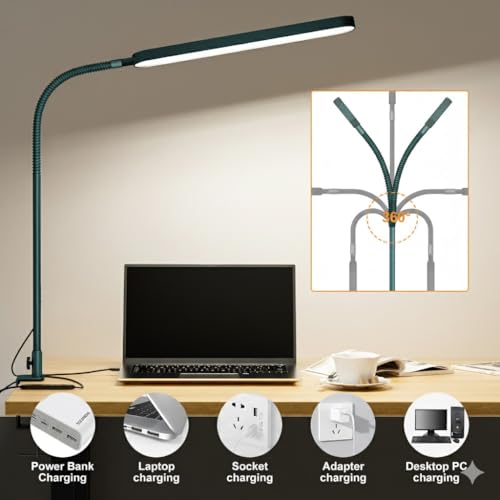 Image of SKYLEO LED Desk Lamp - Desk Light for Home Office - Flexible Gooseneck - 5 Color Modes X 11 Brightness Levels - 1300LM - Timmer & Memory Function - 12W Clip on Light - Green