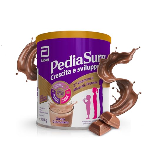 PEDIASURE Crescita e Sviluppo, Integratore Alimentare per Bambini da un anno in su, Multivitaminico con 27 Vitamine e Minerali e Proteine, Confezione 400g, gusto Cioccolato
