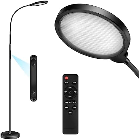 Arslly LED Floor Lamp, Flexible Gooseneck Floor Standing Reading Light Dimmable with Remote, Bright Adjustable Height Lighting for Living Room Bedroom Office Dorm Study, 3000K-6000K, Modern Black