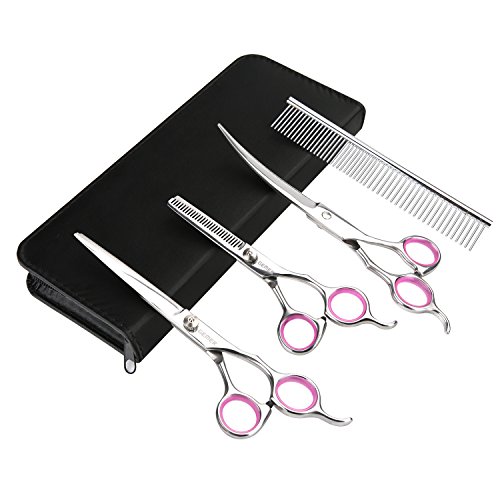 GEMEK Pet Grooming Scissors Set 4 Pieces Stainless Steel Pet Trimmer Kit Used for Dog Cat and More Pets – with 7.5-inch Cutting Scissors, Thinning Shear, Curved Scissors, Grooming Comb