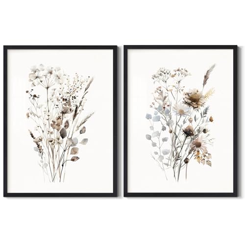2 Piece Watercolor Botanical Floral Wall Art Neutral Wildflower Painting