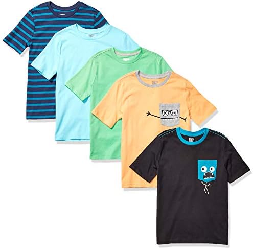 Amazon Essentials Toddler Boys' Short-Sleeve T-Shirts (Previously Spotted Zebra), Pack of 5, Blue/Light Green/Orange/Black/Monsters, 2T