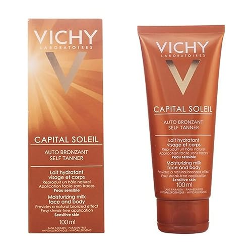 Vichy Ideal Soleil Selbstbräuner-Milch für Gesicht und Körper, Selbstbräuner mit Sheabutter, Für bis zu 8 Stunden Feuchtigkeit und eine einheitliche Bräune, 100 ml