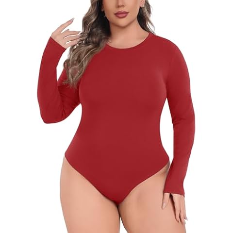 Lastshe Plus Size Bodysuit for Women Casual Fall Long Sleeve Crewneck Stretchy Body Suit Tops Cover