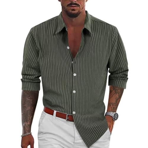 BAYAMO Men's Button-Down Striped Shirts Casual Long Sleeve Cotton Linen Collared Shirts Fashion Business Dress Shirt Green M — view 2