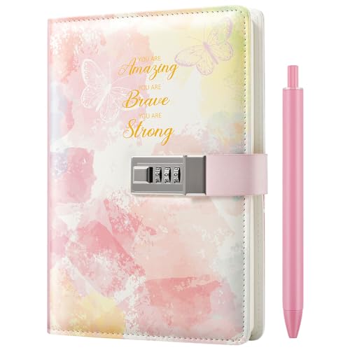 Diary with Lock for Girls and Women - 5.7 x 8.5 Inch Journal with Lock with Pen and Stickers, Birthday Gifts for 8-12 14 16 Year Old Girls, Gifts for Women
