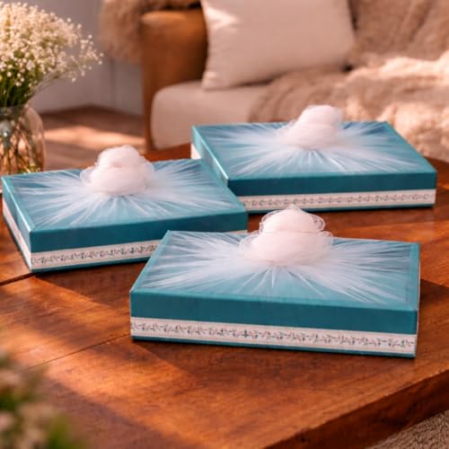 Image of SATYAM KRAFT 3 Pcs Multipurpose Decorative Folding Gift Box, Gift hampers | Paper Gift Hamper Boxes for wedding Return Gifts, Sweets, DIY Craft | Rectangular Cardboard Tray with Net (Sky Blue)
