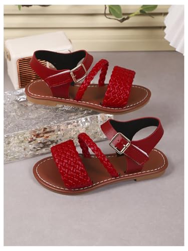Image of GORGLITTER Girl's Leather Ankle Strap Flat Sandals Dressy Braided Round Open Toe Summer Vacation Beach Cute Sandals 2025