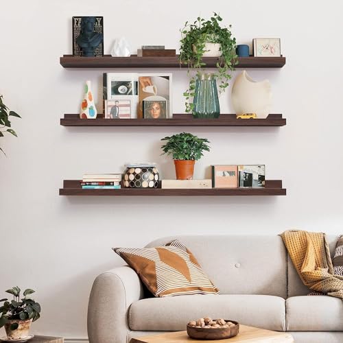 Image of Wooden Floating Wall Shelves Set of 3 for Living Room & Bedroom | Modern Wall Mounted Display Rack for Decor, Photo Frames, Plants & Storage (Walnut, 35 Inch)