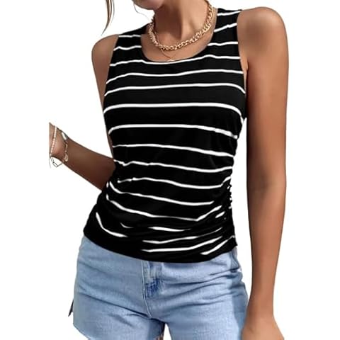 BRUBOBO Womens Striped Tank Top Scoop Neck Sleeveless Side Ruched Casual Tops Tees Shirts Black Cover