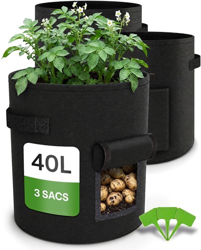 Praknu Sac de Plantation de Pommes de Terre - 3 Sacs à Plantes Grand 40L - avec Fenêtre et Étiquettes - Perméables - Lavables et Pliables