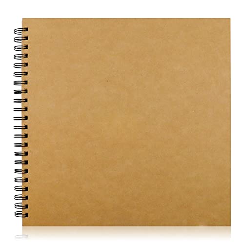 UPlama Hardcover Kraft Blank Page Scrapbook Photo Album,Blank Wedding Guest Book, Photo Album, Square Spiral Bound Cardboard Cover Sketchbook,50 Sheets, 12 x 12 x0.94 Inches,200GSM