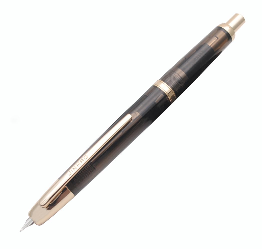 JINHAO 20 Retractable Press Fountain Pen Resin Pen with Ink Converter (Transparent Black with Gold Clip, 0.38mm Nib)