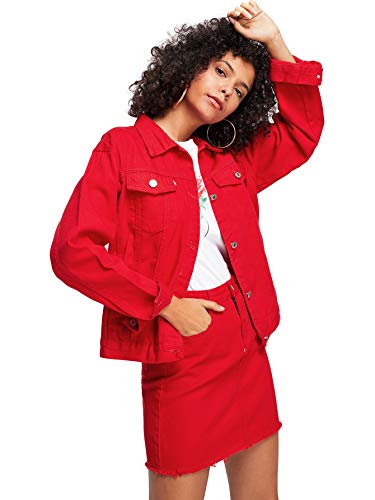 Floerns Women's Classic Button Up Denim Jean Jacket with Pockets A Red L
