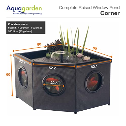 Aquagarden Raised Window Pond Corner Mocha | Hochteich mit Sichtfenster, Inpond Pumpe & Filter, Pflanzkorb, Wasserspiel | stilvoller Eckteich für Garten, Terrasse & Hof