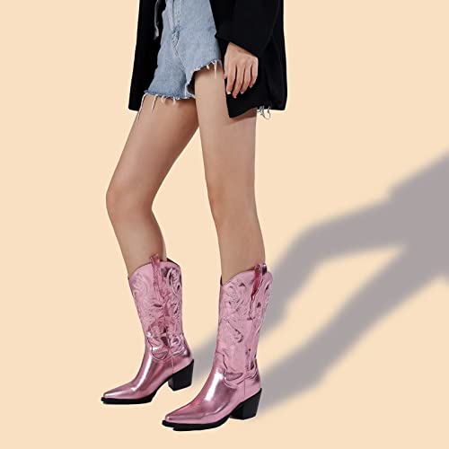 Cierws Women's Embroidered Western Pink Cowgirl Boots Cowboy Boots Mid Calf Boots Metal Pu Medium Heel Fashion Retro Classic Middle Boots #TOP4