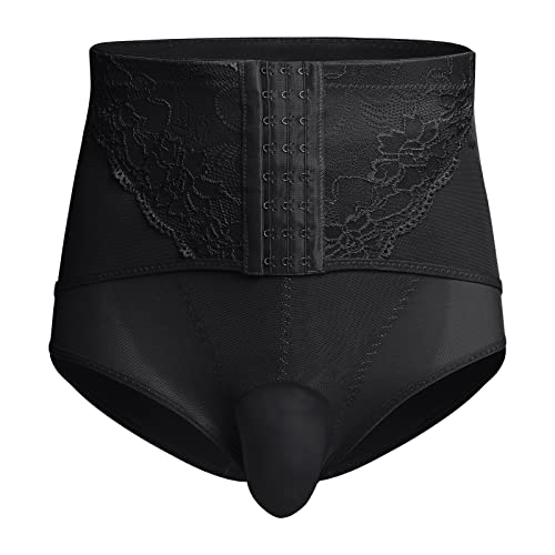 Abafip Men's Tummy Control Shapewear Underwear High Waist Body Shaper Slimmming Waist Cinchers Trainer Corset Lace Briefs Crossdress Lingerie Black-Floral 3X-Large(Us X-Large) #TOP1