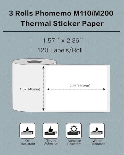 Image of Phomemo Labels- 3 Rolls M110 /M220 /M221 /M120 /M200 Thermal Label Paper, 1.57'' x 2.36'' (40x60mm)- M110 Label Multipurpose Square Self-Adhesive Paper, 120 Labels /Roll