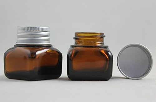 4 Pack of Square Design Empty Glass 0.5 oz Amber Jars with Aluminum Silver Caps