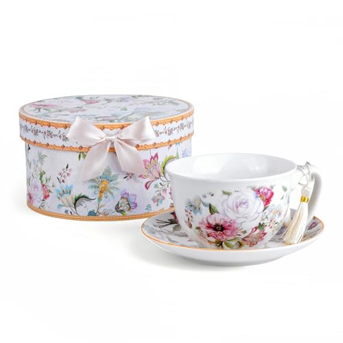 STP GOODS Bone China Tea/Coffee Cup and Saucer in Gift Box Fine Bone Tea Cup and Saucer Set of One,(Dream Garden)