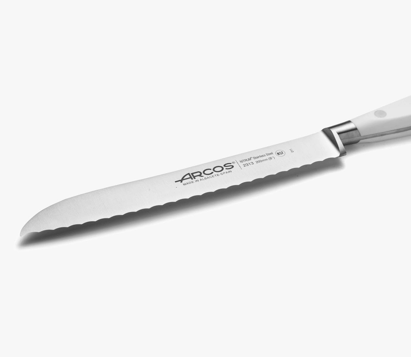 ARCOS Nóż do chleba 20 cm ze stali nierdzewnej. Nóż kuchenny z ergonomicznym uchwytem z polioksymetylenu i ostrzem 200 mm. Seria Riviera Blanc. Kolor biały