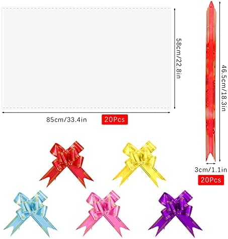 SelfTek 20pcs Large Cellophane Bags with 20pcs Pull Bows Clear Basket Wrap Bags Hamper Wrapping Bags with Colorful Bows Set for Baskets Making Easter Gifts Presents Packaging, 33 X 22 Inches
