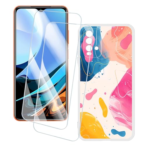 OAGELIM 2�Z�b�g �X�N���[���v���e�N�^�[ + �P�[�X Xiaomi Redmi 9T NFC (6.53 �C���`) �Ƃ̌݊������� �A�[�e�B�X�e�B�b�N�J�X�^���v�����g�J�o�[�Ƌ����K���X�t�B���� �X�N���b�`�h�~ (�J���t��)