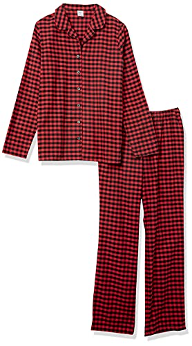 Amazon Essentials Damen Flanell-Schlafanzug mit Shirt mit Langen Ärmeln und Knopfleiste vorne und Hose, Rot Schwarz Buffalokaros Muster, M
