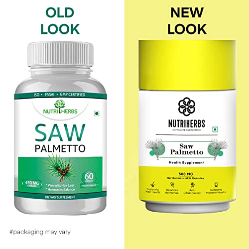 NUTRiHERBS Saw Palmetto 500mg Capsules - DHT Blocker for Hair Growth & Prostate Health Support – Hair Loss & Regrowth Supplement for Men & Women – 60 Capsules