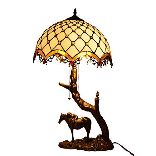 GDLight Tiffany Style Baroque Table Lamp Mediterranean Stained Glass Desk Lamp Resin Pony Base Bedside Lights for Living Room Bedroom Study Reading, 24-Inch Tall