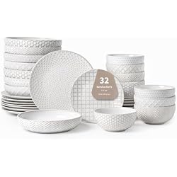 FOBENTA 32-Piece Luxury Dinnerware Set,Complete Plates and Bowls Set for 8,Upscale Ceramic Dish Set for Hosting, Holidays & Family Gatherings–Microwave & Dishwasher Safe